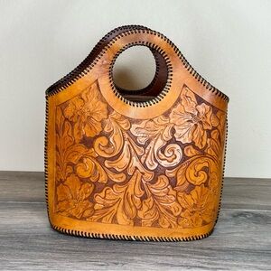 Hand-Tooled Stiff Leather Western Floral Tote Handle Bag Warm Tan Whipstitch